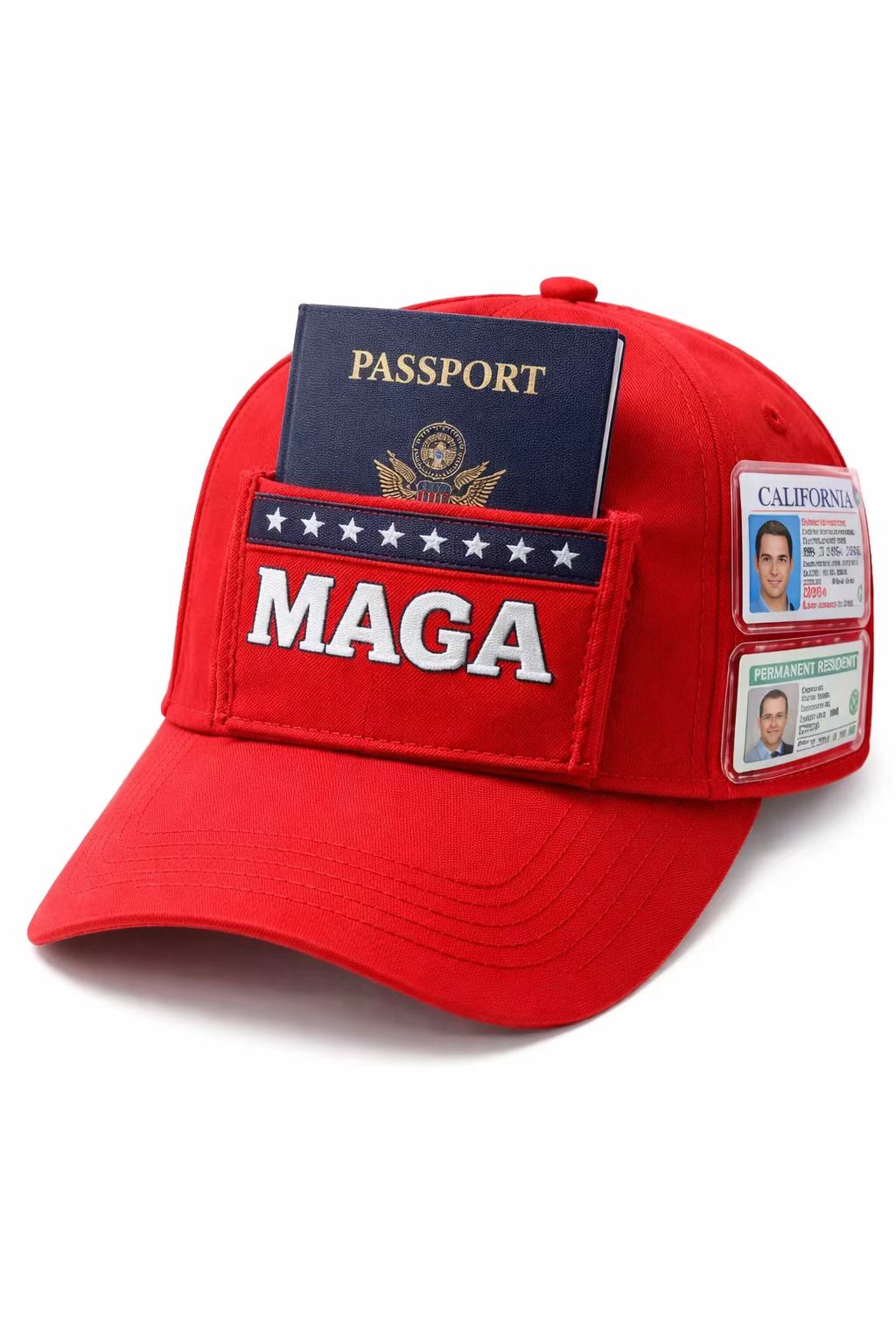 Red MAGA Style Parody Hat with US Passport Pocket and Green Card Holder ID Window